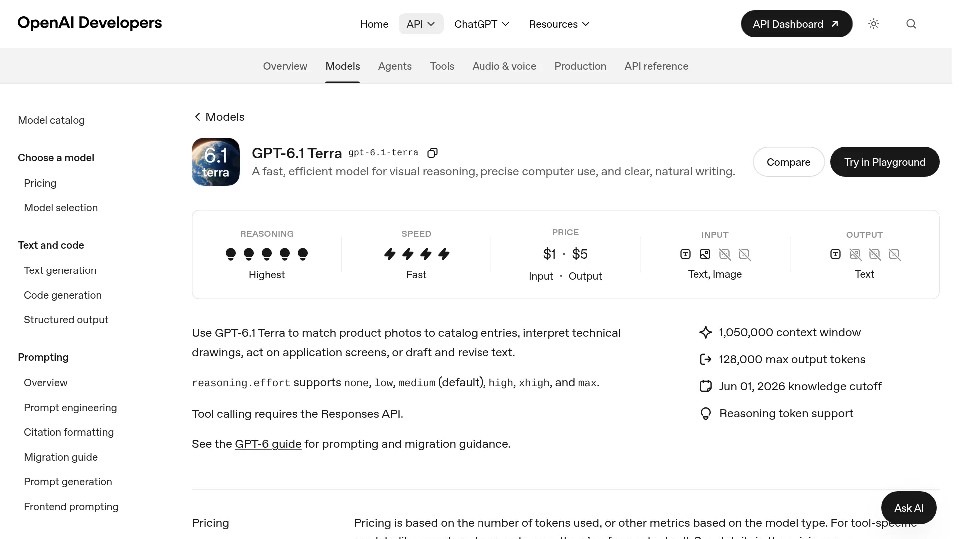 GPT-6.1 Terra 官方模型页面的规格与能力截图